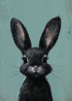 a painting of a black bunny rabbit with big ears and large eyes, sitting in front of a blue background