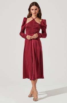 Red Solid Long Sleeve Dress - This retro dress is just what you need to add a bit of color to your wardrobe. It flaunts a refined V-neck. Satin Midi Dress With Ruched Back, Satin Halter Neck Dinner Dress, Satin Halter Neck Dress With Ruched Back, Fall Evening Dresses With Smocked Back, Cocktail Satin Dress With Ruched Back, Spring Satin Midi Dress With Ruched Back, Ruched Satin Dress For Evening In Spring, Ruched Satin Dress For Spring Evening, Satin Midi Dress With Ruched Bodice