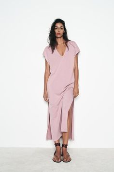 WASHED EFFECT MIDI DRESS - Lilac | ZARA United States Chic Cotton T-shirt Dress For Summer, Spring V-neck T-shirt Dress For Loungewear, Chic Cotton T-shirt Dress For Spring, Chic Cotton Maxi Dress For Loungewear, Chic V-neck Midi Dress With Side Slits, Chic Longline Midi Dress For Summer, Spring Cotton V-neck Dress With Short Sleeves, Casual Maxi V-neck Dress For Daywear, Summer Cotton V-neck T-shirt Dress