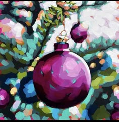 a painting of a christmas ornament hanging from a tree