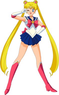 sailor girl with long blonde hair and red boots standing in front of the camera, holding her