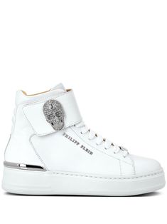 white calf leather skull stud embellishment crystal embellishment silver-tone logo plaque ankle-length front lace-up fastening round toe flat rubber sole Philipp Plein Shoes, Phillips Plein, Shoe Wishlist, Philipp Plein, Crystal Skull, White Trainers, Shoes Trainers, Golden Goose Sneaker, Sneakers White