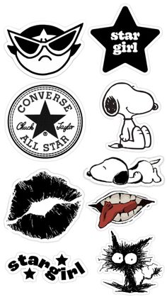 various stickers on the side of a white background with black and white graphics, including stars