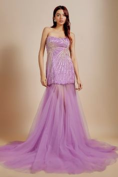 Purple strapless gown with hand embroidery and sheer frill net bottom. - Aza Fashions Floor-length Organza Evening Dress With Detachable Train, Strapless Tulle Gown For Gala, Glamorous Strapless Tulle Gown, Floor-length Tulle Strapless Dress For Gala, Glamorous Strapless Organza Gown, Strapless Gown With Sheer Bodice For Gala, Fitted Strapless Organza Gown, Strapless Purple Gown For Banquet, Strapless Sheer Bodice Evening Dress For Banquet