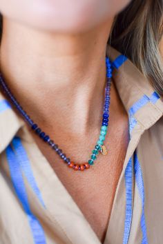 Say hello to your new favorite statement necklace! This trend-setting Rainbow Necklace is the perfect way to add a hint of color and some style to an outfit. Wear alone for a subtle touch, or layer it up for maximum impact. Product Details: 16" and 2" extender lobster claw Everyday Blue Beaded Necklaces, Everyday Blue Beaded Necklace, Skort Outfit, Nickel And Suede, Rainbow Necklace, Blue Rainbow, Sea Blue, Top Collection, Blue Sea