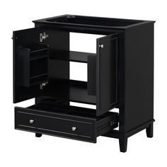 a black cabinet with two drawers and an open door on the bottom shelf is shown