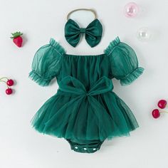 Girl's Clothing Green / 0-6M Tulle Romper Dress with Handband Set Summer Tutu Dress With Bow For Baptism, Summer Baptism Tutu Dress With Bow, Summer Green Tutu Dress With Ruffles, Playful Summer Tutu Dress For Playtime, Cute Tutu Dress For Baptism In Summer, Summer Baptism Dress With Bow Detail, Summer Tulle Tutu Dress With Bow, Cute Spring Tutu Dress With Bow, Summer Short Sleeve Tulle Tutu Dress