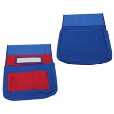 two pieces of blue and red cloth with a name tag on the front, one piece is folded in half