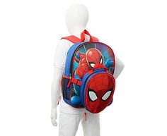 the amazing spiderman backpack is on display in front of a white mannequin