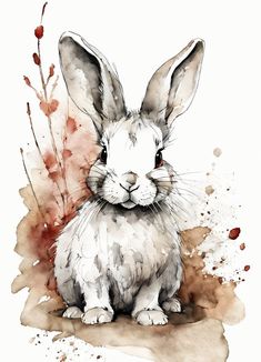 a watercolor painting of a rabbit sitting on the ground