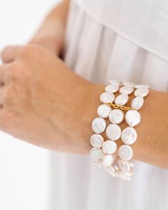 Three rows of coin pearls create a cuff look that is stunning! Susan Shaw, Coin Pearls, Freshwater Pearl Bracelet, White Turquoise, 24kt Gold, Strand Bracelet, Gift Boutique, Scarf Jewelry, Pearl Color