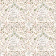 an ornate wallpaper pattern with flowers and leaves in pink, green, beige and white colors