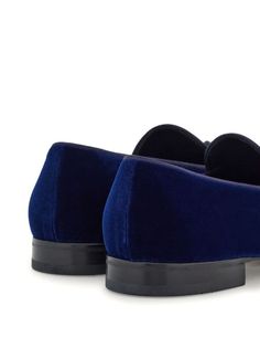 Ferragamo Tasselled Velvet Loafers - Farfetch Luxury Suede Slip-ons For Galas, Blue Slip-on Formal Loafers, Luxury Suede Lined Loafers For Galas, Luxury Slip-on Tassel Loafers For Formal Wear, Elegant Slip-ons With Suede Lining, Blue Tassel Loafers With Leather Sole For Galas, Elegant Loafers With Suede Lining For Galas, Luxury Tassel Loafers With Suede Lining For Business, Luxury Tassel Loafers With Rubber Sole For Galas