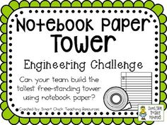 a notebook paper tower with the words engineering challenge