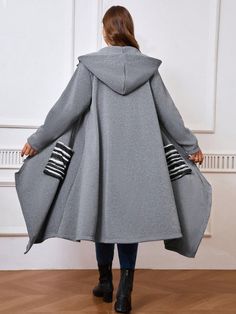 Plus Size Hooded Drawstring Pocket Asymmetric Hem Zipper Long Sleeve Jacket, Autumn/Winter Grey Casual  Long Sleeve Woven Fabric Colorblock,Plain Other Non-Stretch  Women Plus Clothing, size features are:Bust: ,Length: ,Sleeve Length: Plus Size Coats, Long Sleeve Jacket, Belted Coat, Sleeve Jacket, Long Sleeves Jacket, Kids Sleepwear, Knitwear Women, Scarf Print, Asymmetric Hem