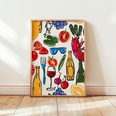 an art work with fruit, vegetables and wine on it in front of a white wall