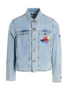 Denim jacket with logo print at the front and back, a button closure. Composition: Trendy Long Sleeve Outerwear With Logo Patch, Long Sleeve Outerwear With Logo Patch For Spring, Trendy Streetwear Outerwear With Logo Patch, Casual Long Sleeve Denim Jacket With Logo Patch, Trendy Long Sleeve Outerwear With Logo Print, Denim Long Sleeve Outerwear With Logo Patch, Cotton Denim Jacket With Logo Patch, Trendy Outerwear With Logo Patch For Spring, Trendy Spring Outerwear With Logo Patch