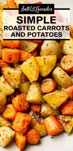 a bowl with diced potatoes and carrots and text overlay that reads simple roasted carrots and potatoes Roasted Yellow Potatoes, Roasted Carrots And Potatoes, Carrots In Oven, Russet Potato Recipes, Easy Roasted Potatoes, Oven Roasted Carrots, Roasted Baby Carrots, Carrots Side Dish, Roasted Potatoes And Carrots