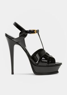 Saint Laurent Tribute Patent T-Strap Platform Sandals - Bergdorf Goodman Elegant T-strap Platform Sandals, Evening T-strap Platform Sandals, Luxury High Heel T-strap Sandals For Party, Luxury T-strap Sandals With Ankle Strap For Party, Luxury Ankle Strap T-strap Sandals For Evening, Luxury T-strap Sandals With Heel Strap, Luxury Evening T-strap Sandals With Ankle Strap, Luxury T-strap Heels For Party, Luxury High Heel T-strap Sandals For Evening