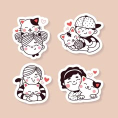 four stickers with cats and people in the style of children's drawings on them