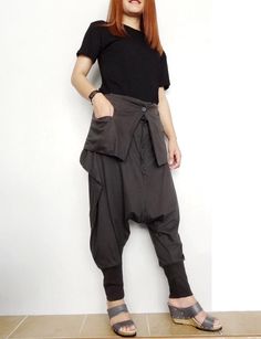 Harem Drop Crotch Pants Asymmetric Trendy Brown Cotton Blend image 5 Baggy Asymmetrical Bottoms For Spring, Asymmetrical Baggy Bottoms For Spring, Spring Baggy Asymmetrical Bottoms, Trendy Asymmetrical Cotton Bottoms, Fall Streetwear Bottoms With Buttons, Trendy Asymmetrical Bottoms With Pockets, Baggy Asymmetrical Pants For Spring, Casual Pants With Asymmetrical Hem For Work, Asymmetrical Cotton Bottoms For Fall