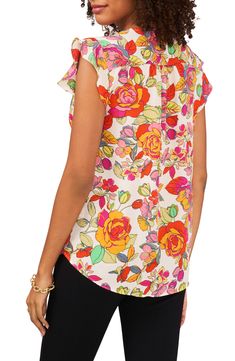 Fluttering sleeves frame this lively printed blouse topped with a dipped neckline and punctuated with a curved hem. 27" length V-neck Short sleeves 100% polyester Machine wash, tumble dry Imported Business Casual Blouse, Purple Leopard Print, Flutter Sleeve Blouse, New York Black And White, Beaded Blouse, Lace Tunic, Blouse Nordstrom, Leopard Print Blouse, Black And White Blouse