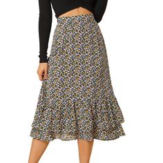 Featuring its pretty ditsy floral print, this midi skirt is a summery option that can be worn with just about anything.Channel elegant style in this midi skirt, beautifully printed with an blossom print for versatile look.It is made from lightweight fabric adds definition to the free-flowing design.Falling to a waterfall midi hem, it sits high on the waist with a discreet side zip fastening.Summer days call for effortlessly feminine styles like the skirt. Size: medium. Color: dark blue-floral. G Casual Flowy Skirt With Ditsy Floral Print, Casual Skirt With Ditsy Floral Print, Casual Ditsy Floral Print Skirt, Summer Skirt With Ditsy Floral Print, Summer Ditsy Floral Print Skirt, Summer Ditsy Floral Print Skirt For Day Out, Chic Ditsy Floral Print Summer Skirt, Casual Ditsy Floral Print Skirt For Day Out, Ditsy Floral Print Tiered Skirt