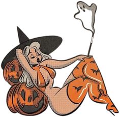 an image of a woman with pumpkins on her feet and a witch's hat