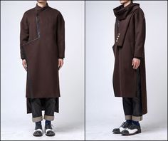 PLEASE KEEP IN MIND **Item takes up to 2-3 business weeks for production and 100% handmade ** **-** Oversized Wool Side Slit Cross Front Long Jacket // Asymmetryc Cut Leather Trimed Extravagant and Unique Asymmetrical Coat Be Modern and Elegant and DARE to WEAR! **Men in the picture wearing size : Large / 184 height 92 kg Fit True to Size - So pick up your actual size. :) Thank you for visiting my shop ^^SMILE ALWAYS^^ Asymmetrical Coat, Layered Fashion, Long Jacket, Etsy Listing, High Fashion, Duster Coat, Normcore, Women's Fashion, Leather Jacket