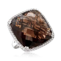 Ross-Simons - 45.00ct Smoky Quartz, 2.80ct t. w. White Topaz Ring in Silver. Size 5. Boasting a sultry 45.00 carat smoky quartz gem haloed by dazzling 2.80 ct. t. w. white topaz, this jaw-dropping ring doesn't need an introduction. Set in polished sterling silver. 1" wide. White topaz and smoky quartz ring. Elegant Brown Diamond Ring For Formal Occasions, Oversized Ring, Smokey Quartz Jewelry, Silver Pendant Lamp, Silver Diamond Necklace, Smoky Quartz Ring, Tiffany Jewelry, Colorful Jewelry, Silver Engagement Rings