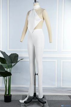 OrcaJump - Elegant White Asymmetrical Halter Sleeveless Two-Piece Set - A Dress with a Sophisticated Backless Design Asymmetrical Fitted Summer Bottoms, Asymmetrical Fitted Bottoms For Summer, Fitted Asymmetrical Bottoms For Summer, White Asymmetrical Tank Top For Summer, Asymmetrical Fitted Jumpsuit For Night Out, Summer Asymmetrical Stretch Jumpsuits And Rompers, Asymmetrical Solid Jumpsuits And Rompers For Summer, Asymmetrical Fitted Jumpsuits And Rompers For Night Out, White Fitted One-shoulder Tank Top