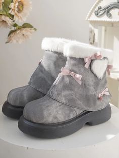 Bow Accents Gray Sweet Winter Boots Kawaii Winter Boots, Winter Boots Aesthetic, Girly Shoes Boots, Coquette Boots, Winter Oc, Kawaii Boots, Winter Kawaii, Cute Winter Boots, Pastel Shoes