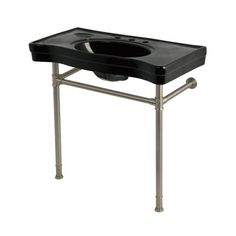 a black sink sitting on top of a metal stand