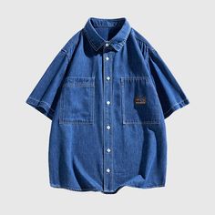 Features: Unisex Detailed craftsmanship Patch pocket denim design Stand collar Soft and breathable Material: 96% cotton Denim Overshirt, Denim Shirt Style, Short Sleeve Denim, Outwear Coat, Denim Shirts, Design Stand, Vintage Casual, Denim Design, Baseball Jacket