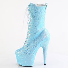 7" High Heel, 2 3/4" Platform Lace Up Glittery Ankle Boots. Inner Side Zipper Closure. Baby Blue Iridescent Glitter. Styles: Dance Clubbing Festival Disco Roda-1040-Ig Blue High Ankle Heels For Party, Blue Ankle Boots For Party, Light Blue High Heel Party Boots, Glamorous Blue Round Toe Boots, Blue Glitter Heels With Round Toe, Fitted Light Blue Party Boots, Blue Glitter High Heels, Blue Heel Boots, Boots With