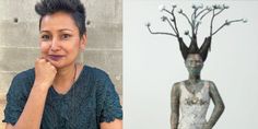 a woman sitting in front of a statue next to an image of a woman with flowers on her head