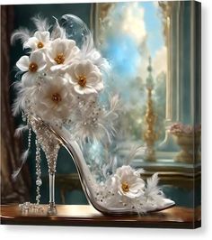 Elegant high heel  canvas print by Glenda Stevens.   Bring your artwork to life with the texture and depth of a stretched canvas print. Your image gets printed onto one of our premium canvases and then stretched on a wooden frame of 1.5" x 1.5" stretcher bars (gallery wrap) with 1.5" mirrored sides. Your canvas print will be delivered to you "ready to hang" with pre-attached hanging wire, mounting hooks, and nails. A luxurious high-heeled shoe is adorned with white flowers, feathers, and sparkling jewels, conveying an air of elegance and extravagance. It rests on a surface with a blurred background that suggests a grand, opulent setting with light streaming in through a window. Ships Within 3 - 4 business days White Stiletto Heels, Victorian Images, Floral High Heels, Through A Window, Fav Products, Fairy Shoes, White High Heels, Elegant High Heels, Shoe Ideas