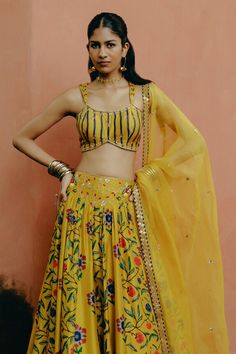 Yellow attached can-can lehenga featuring kalamkari print all over with embroidered waistline. Paired with a aari, resham and zardozi hand embroidered padded blouse and a dupatta. - Aza Fashions Navratri Georgette Sets With Motifs, Georgette Sets With Motifs For Navratri, Traditional Chanderi Lehenga, Traditional Bollywood Palazzo Set With Motifs, Bollywood Style Palazzo Set With Traditional Drape Motifs, Traditional Sleeveless Chanderi Lehenga, Navratri Georgette Sharara With Motifs, Yellow Art Silk Choli With Motifs, Transitional Yellow Lehenga With Motifs