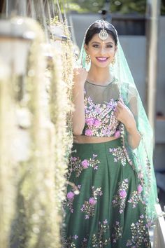 Azalea Green Cascade Lengha - bAnuDesigns Tulle Lengha, Hand Embroidery With Beads, Laser Cut Mirror, Tulle Lehenga, Mehndi Outfit, Wedding Sign Decor, Embroidery With Beads, Sangeet Outfit, Green Tulle