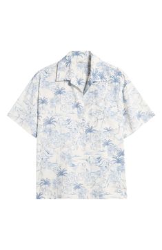 A dreamy palm print brings vacation vibes to this lightweight linen-kissed camp shirt. Front button closure Notched collar Short sleeves Chest pocket 65% cotton, 30% viscose, 5% linen Dry clean Imported Spring Vacation Linen Camp Shirt, Spring Linen Camp Shirt For Vacation, Patterned Tops With Plant Print For Vacation, Linen Camp Shirt With Camp Collar For Vacation, Linen Top With Camp Collar For Vacation, Collared Camp Shirt With Hibiscus Print For Summer, Linen Camp Collar Tops For Vacation, Casual Patterned Hawaiian Shirt With Relaxed Fit, Vacation Linen Floral Print Tops