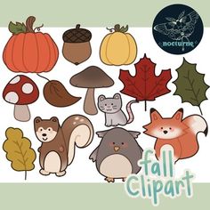 an autumn clipart set with different animals and leaves