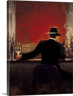 a painting of a man sitting at a bar with a top hat on his head