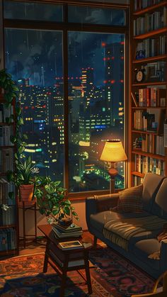 a living room filled with furniture and a large window overlooking the city at night time