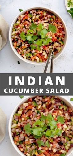 two bowls filled with beans and cilantro on top of a white countertop