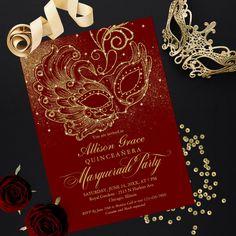 a red and gold masquerade birthday party card with roses, ribbon and mask