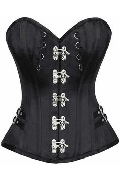 Top Drawer Black Satin Steel Boned Overbust Corset w/Buckles - Daisy Corsets Gothic Fitted Corset With Hook And Eye Closure, Black Satin Gothic Corset, Black Gothic Satin Corset, Gothic Black Satin Corset, Gothic Satin Corset With Corset Back, Gothic Satin Corset With Boned Bodice, Over Bust Corset, Crotch Boots, Modesty Panel