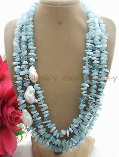 18-20'' 3 Rows Blue Aquamarine Gravel Beads & White Keshi Baroque Pearl Necklace | eBay Keshi Pearl Necklace, Beads Craft Jewelry, Cheap Necklaces, Beaded Necklace Designs, Aquamarine Necklace, Stone Beaded Necklace, Cultured Pearl Necklace, Baroque Pearl Necklace