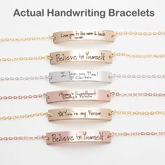 Custom Handwriting Bracelet-Actual Handwriting Bar-Memorial Signature-Kids Handwritten Note-Personalized Both Sides-Gold-Rose-Silver-CG380B You can personalize this gorgeous original bar bracelet with an 'ACTUAL HANDWRITING' to make it more meaningful You can personalize front and back! If you wish to cherish someone's handwriting, this is a perfect idea! The bar measures about 38 mm X 6 mm. It is polished and tumbled for a special shimmery finish. ♥ Ordering guideline: 1. Please choose material Customizable Silver Name Bracelet For Friendship, Silver Hand Stamped Name Bracelet As Gift, Silver Hand Stamped Name Bracelet Gift, Silver Nameplate Friendship Jewelry, Silver Nameplate Jewelry For Friendship, Hand Stamped Silver Name Bracelet For Gift, Silver Nameplate Bracelet For Valentine's Day, Silver Nameplate Bracelet For Mother's Day, Silver Nameplate Bracelets For Mother's Day