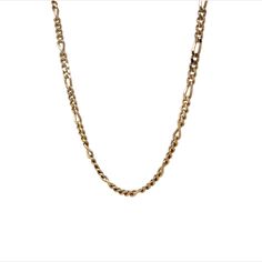 This iconic Figaro chain necklace is finished in radiant 14 karat yellow gold. The necklace measures 18 inches in length and drapes comfortably at the collarbone. Modern great to stack with additional gold chain necklaces. Weighing a total of 9.8 grams. A perfect yellow gold Figaro chain for everyday. Italian inspired fashion at its finest. Elegant Figaro Chain Necklace Affordable, Luxury Dainty Figaro Chain Necklace, Trendy Figaro Chain Necklace, Cheap Trendy Figaro Chain Necklace, Luxury Minimalist Figaro Chain Necklace, Cheap Everyday Figaro Chain Necklaces, Luxury Silver Figaro Chain Necklace, Luxury Figaro Chain Medallion Necklace, Timeless Luxury Figaro Chain Necklace