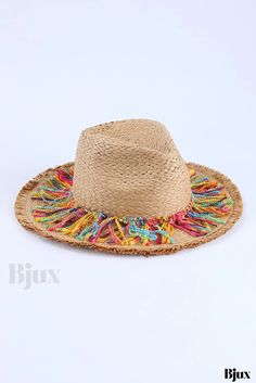 Bjux - Elegante sombrero de playa con detalle de flecos, hecho de trenza de paja Multicolor Woven Straw Hat For Beach Season, Fun Fedora Straw Hat For Beach, Multicolor Straw Hat For Spring, Multicolor Flat Brim Hat For Vacation, Multicolor One Size Straw Hat For Spring, Multicolor Flat Brim Summer Hat, Multicolor Summer Hat One Size, Multicolor One Size Sun Hat For Summer, Multicolor One-size Sun Hat For Summer